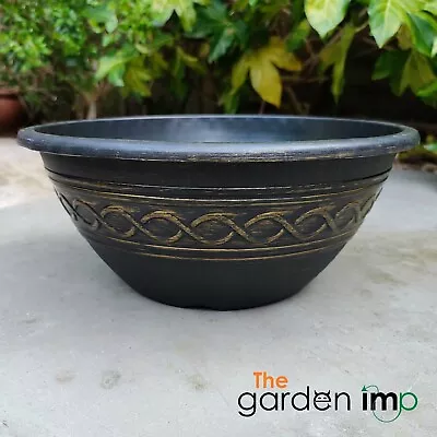 Plastic Round Plant Bowl Black Gold 30cm Garden Flower Planter Infinity Low Pot • £6.99