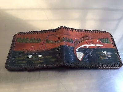 Vintage Hand Made Leather Fly Fisherman & Fish Themed Wallet Trout Jumping • $22