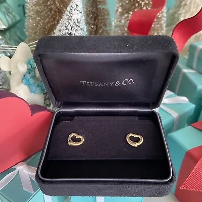 Tiffany&Co Elsa Peretti Open Heart Earrings 18k Yellow Gold 11mm Black Suede Box • $1025