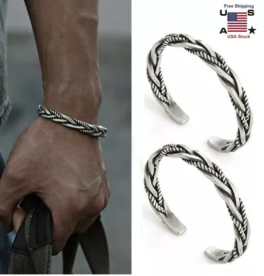 2× Men Sterling Silver Cuff Bracelet Jewelry Retro Twisted Braided Open Bracelet • $8.99