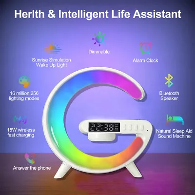 Smart Lamp Intelligent Bluetooth Speaker Wireless Charger RGB Alarm Clock White • £12.99