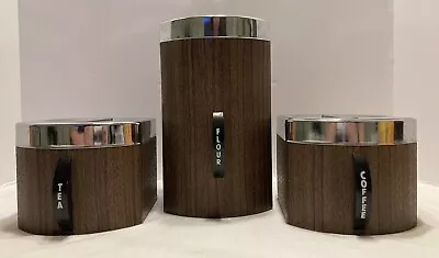 Vintage Set Of 3 Kromex Kitchen Canisters Faux Wood And Chrome Coffee Tea Flour • $29.97