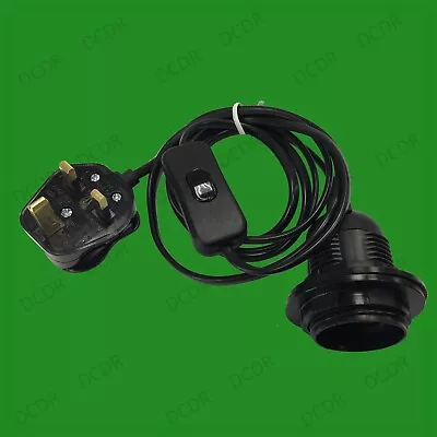 E27 ES Black UK 3pin Plug Light Bulb Holder Inline Switch Desk Table Lamp • £9.99