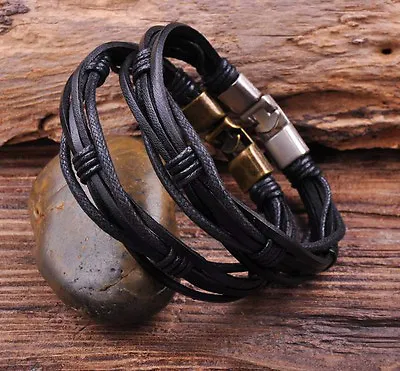 Lot 2pcs G27 Surfer Hemp Leather Hand Braided Mens Wristband Bracelet Cuff Black • £5.38