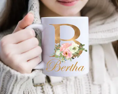 Personalised Coffee Mug Gold Floral Initial/Name Gift Birthday Friend Mum Sister • £7.99