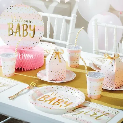 Welcome Baby Girl Baby Shower Pink Gold Party Christening Tableware Games • £3.99