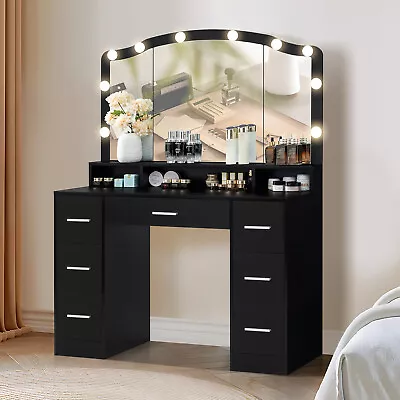 Vanity Desk With Large Lighted Mirror 43.3  Makeup Vanity Table With 7 Drawers • $249.99