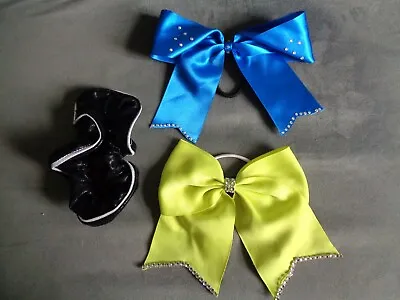 Cheerleading Diamante Hair Bows Blue & Neon Yellow & Black Gymnastics Scrunchie • £4.49