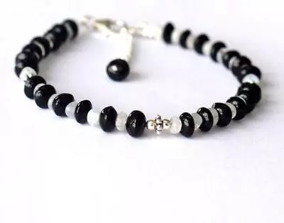 7 - 8  Bracelet Rainbow Moonstone Beads Black Onyx Beads Solid 925 Silver #d612 • $15