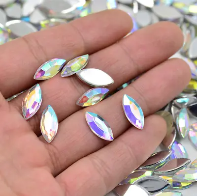 50X Horse Eye Gem AB Crystal Flat Back Iridescent Acrylic Rhinestone Drop Clear • £3.99