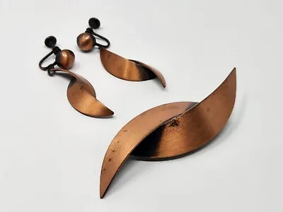 Vintage Copper Modernist Symmetrical Abstract Brooch Pin & Clip-on Earrings Set • $26.99