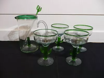  Green Cactus Margarita Set 4 Glasses And Pitcher • $13.50