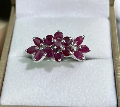 Solid 925 Silver Cluster Flowers Ring Natural Ruby. Sz 7.75. 4.42 Grams • $64.60