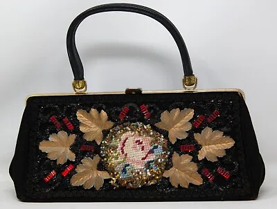 Vintage Black Purse W/ Intricate Beading & Stitching W/ Leaves & Red Rhinestones • $37.05