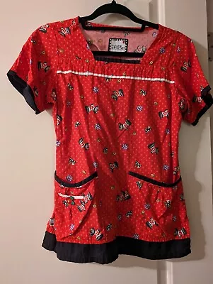 Mary Engelbreit Discontinued Scottie Dogs Red Scrub Top X-Small Christmas Scrubs • $15