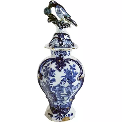 1780s Antique Dutch Delft De Porceleyne Fles Pottery Baluster Vase & Bird Cover • $895