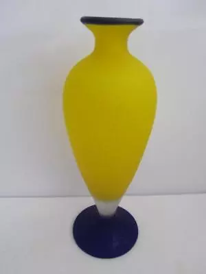 Tall Frosted Art Glass Vase Yellow & Cobalt Blue • $58.95