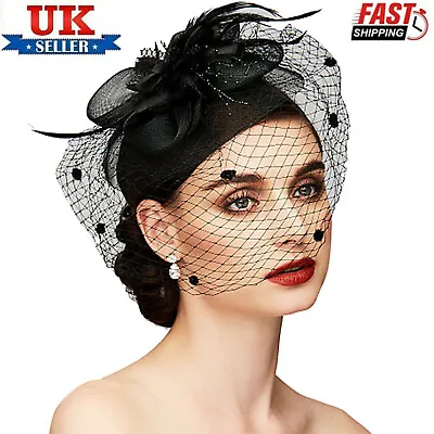 £8.99 • Buy Black Women Ladies Fascinator Hat With Veil Wedding Hat Party Pillbox Hat Bowler