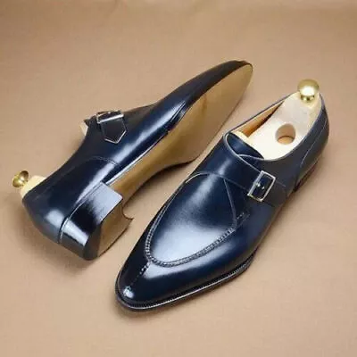 New Men's Handmade Genuine Leather Single Monk Navy Blue Formal Shoes For Men • $161.57