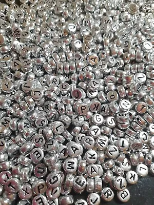 Job Lot 60 Pieces Of Acrylic Silver Round Letter Beads 6mm Approx Random Mix • £1.39