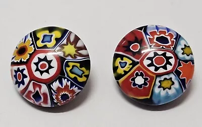 Vintage Italian Millefiori Glass Domed Cabochon Clip On Earrings  • $22