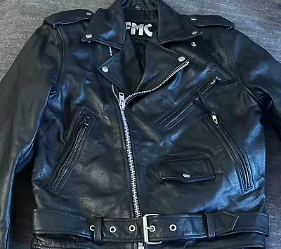 FMC Black Leather Vintage Motorcycle Biker Jacket Size 38 Black Zippers Belt LBN • $59.99