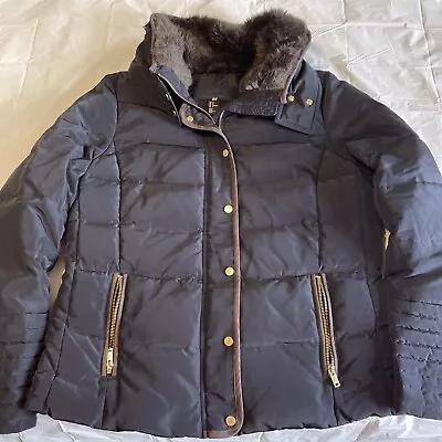 H & M Women’s Down Jacket Size 14 Black With Gold Hardware Faux Fur Collar • $44