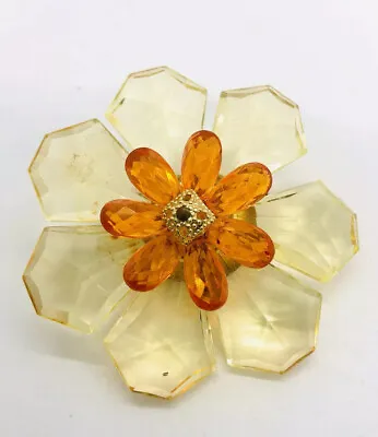 West Germany Yellow Faceted Acrylic Flower Brooch Orange Signed Vintage Jewelry • $32.50