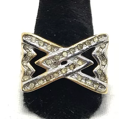 Vintage  18K HGE Signed Gold Plated Clear Crystals  Bold  X Design Ring Sz 10 • £48.21