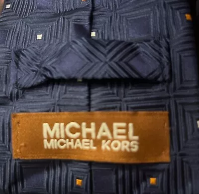 MICHAEL KORS Men’s Silk Necktie Dark Blue W/ Orange & White Dots Made In USA • $4.44