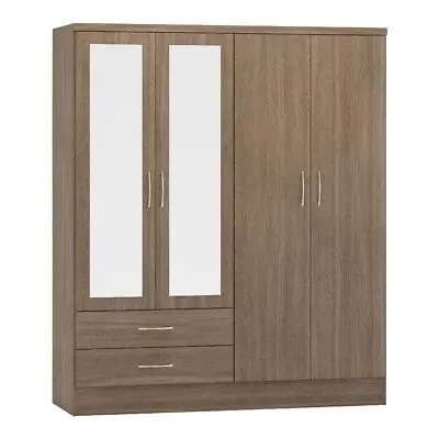 Nevada 4 Door 2 Drawer Mirrored Wardrobe In Rustic Oak Finish Hanging Rail • £338.99