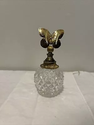 Vintage Cut Glass Brass Butterfly Perfume Bottle Screw On Top 5 1/2  Tall • $20