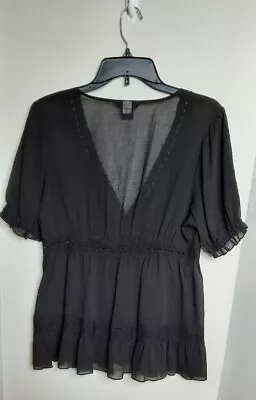 Moda International Womens Sheer V Neck Baby Doll Top Size L Black Crochet Boho • $14.93