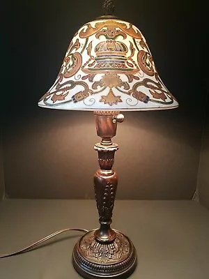 Thick Enameled Glass Shade Lamp. 19  Tall Shade 9  Base 5  Heavy Metal Base • $95