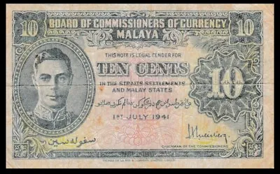 Malaya 10 Cents Banknote1941 - P 8 - King George VI • $24.95