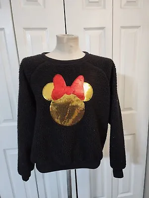 Women's Disney Sequin Minnie Mouse Black Fleece Pullover Sweatshirt Size Medium • $8