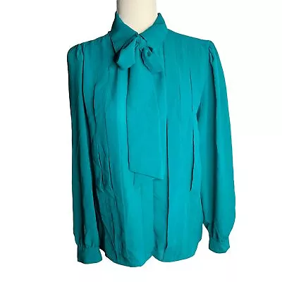 Vintage 80s Josephine Secretary Blouse M Green Button Up Pussy Bow Pleated • $21