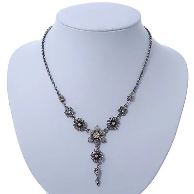 Vintage Inspired Grey Enamel Crystal Floral V-Shape Necklace In Pewter Tone • £13.80