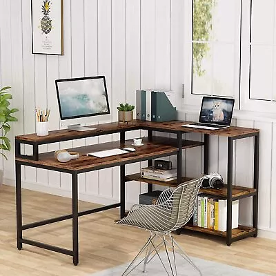 Reversible L Shaped Computer Desk With Monitor StandCorner Desk Storage Shelves • $181.96