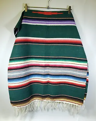 Vtge Mexican Serape Blanket Poncho 58  X 25  Tassel Multi Color Green Mexico • $25