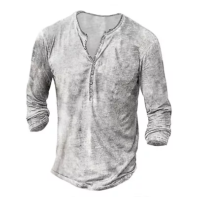 $24.97 • Buy Men Long Sleeve V Neck Henley Shirt Blouse Vintage Button Pullover T Shirt Tops