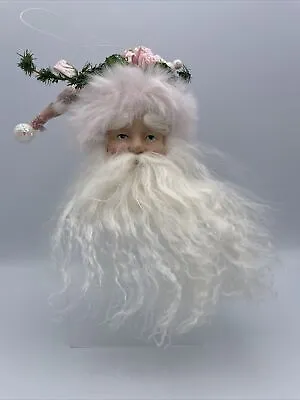 Vintage Santa Claus Head  Ornament Christmas Blue Eyes Soft Mohair Beard 7” Pink • $9.90