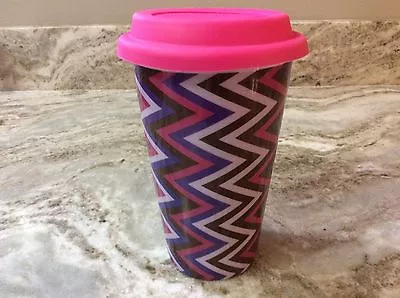 ECO ONE Ceramic Double Wall Insulated Travel Coffee Mug. Purple Pink Zig Zag New • $15.99