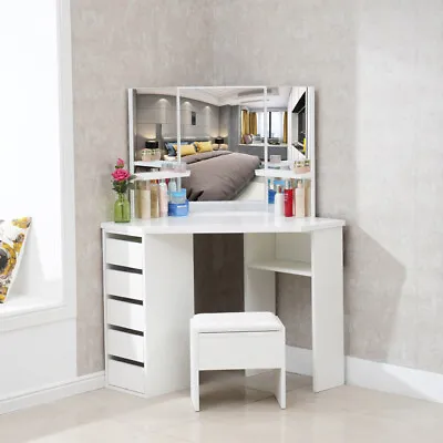 £149.99 • Buy White Dressing Table W/ 3 Mirrors Shelf Drawers Stool Corner Dresser Makeup Desk