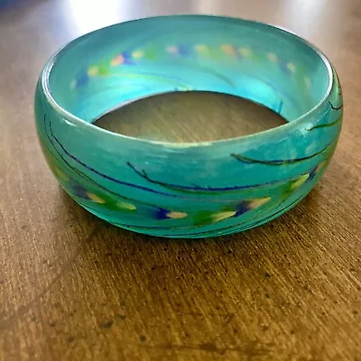 Vintage Peacock Feather Painted Lucite Domed Bangle Bracelet • $32