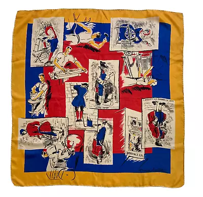 Vintage Denise Louvet Silk Scarf French People At Work Mid 1900's 24 X 25  • $75