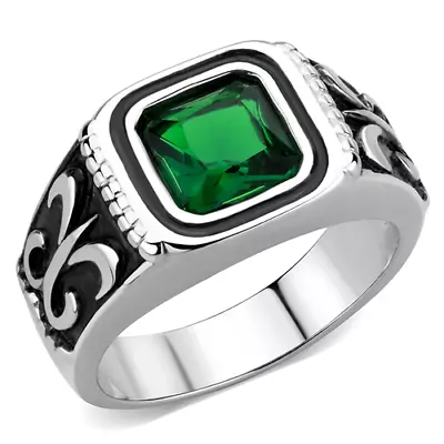 Mens Emerald Ring Green Square Stainless Steel Signet Fleur De Lis Pinky Cz 3616 • £16.99