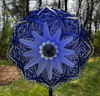 Cobalt & Clear & Frosted Glass Garden Flower Repurposed Suncatcher Yard Art • $49.99