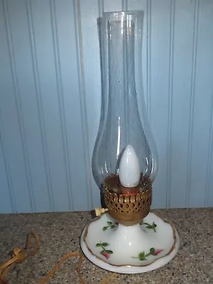 Vintage ROSEBUD MILKGLASS Tray BASE Boudoir LAMP W/HURRICANE SHADE--13-1/2  Tall • $18