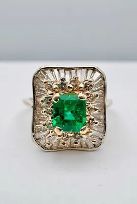 Designer 14k Gold & Platinum Emerald & Baguette & Round Diamond Channel Set Ring • $895